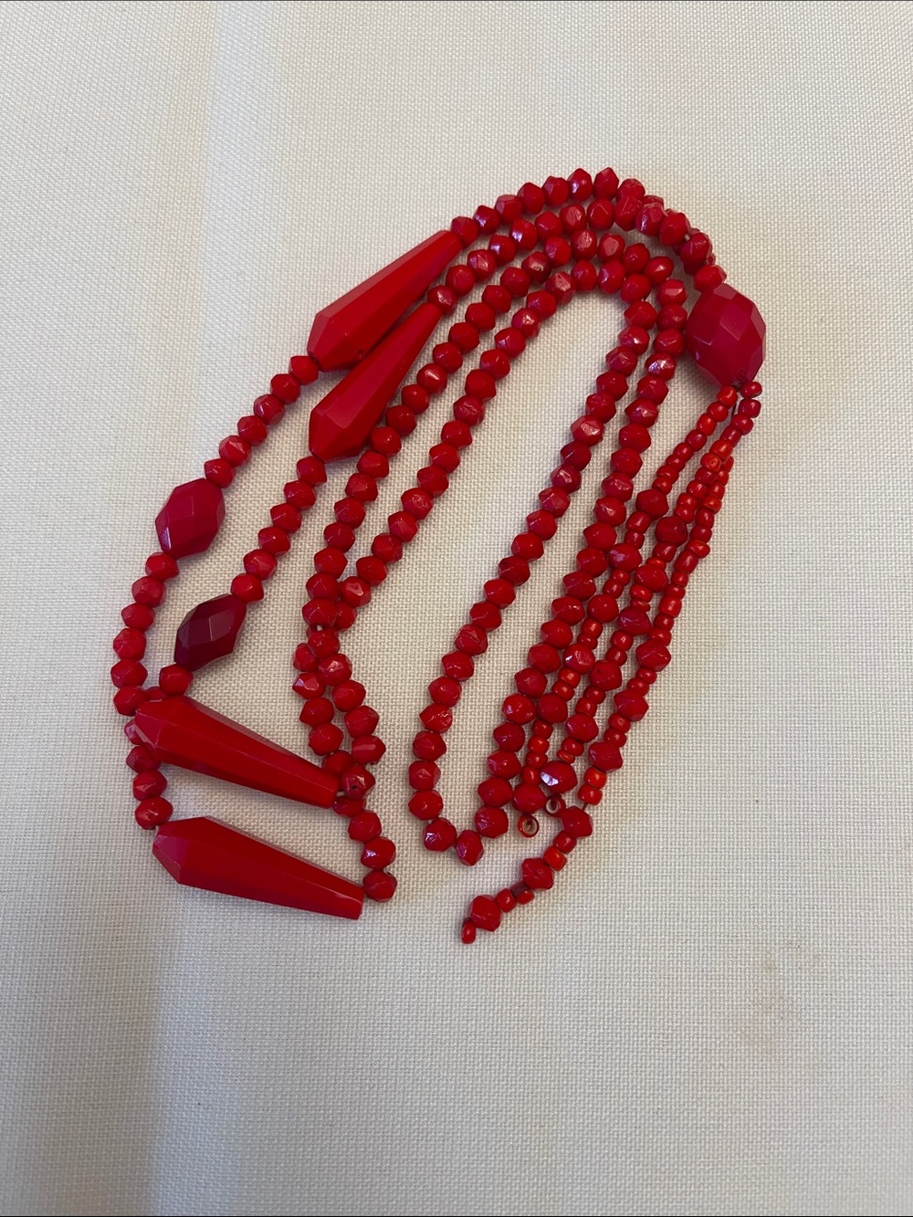 1920s! Authentic Vintage Antique Flapper Red Satiour Beaded Tassel Necklace - Picture 4 of 7